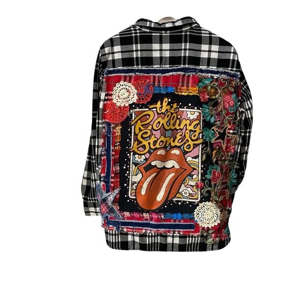 Upcycled Flannel Shirt Womens XL Rolling Stone Grunge Shacket Rock Concert Art - Picture 13 of 16